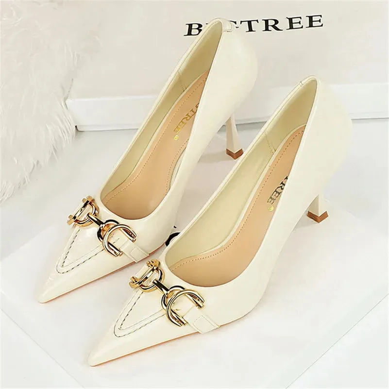 8cm Stiletto Pumps with Metal Chain – Wine Red Office Shoes