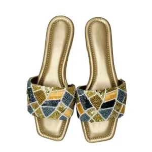 Abstract Navy Gold Square Toe Flat Sandal