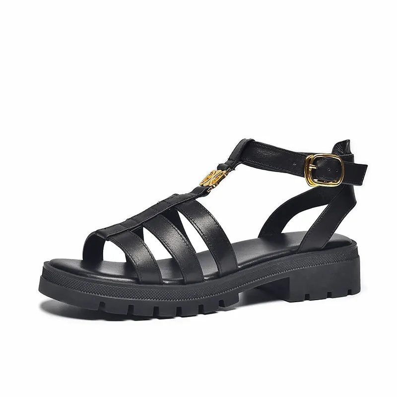 BeauToday Leather T-strap Platform Gladiator Sandals with Open Toe for Women