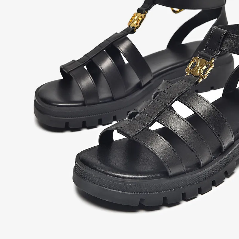 BeauToday Leather T-strap Platform Gladiator Sandals with Open Toe for Women