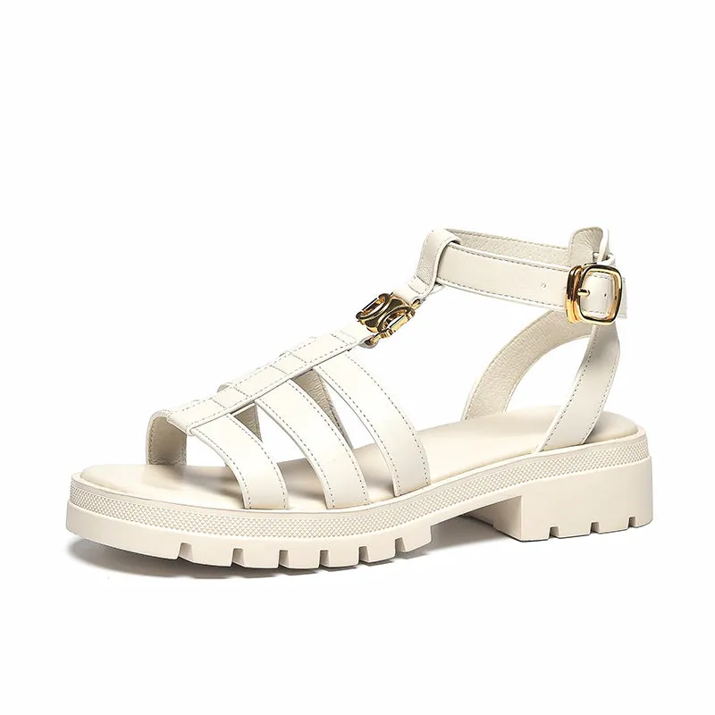 BeauToday Leather T-strap Platform Gladiator Sandals with Open Toe for Women