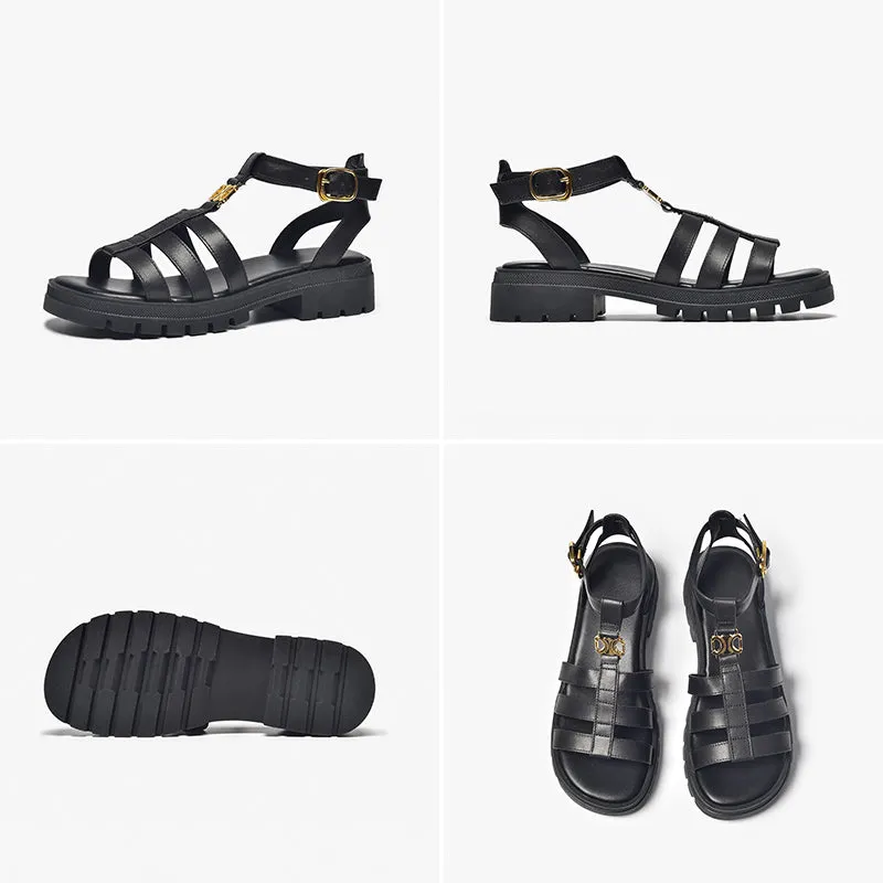 BeauToday Leather T-strap Platform Gladiator Sandals with Open Toe for Women