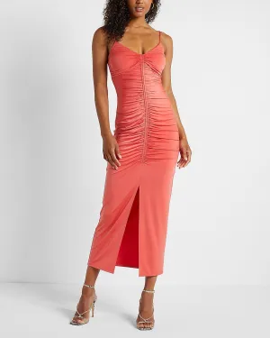Body Contour Built-In Shapewear Ruched Midi Dress in Coral Orange