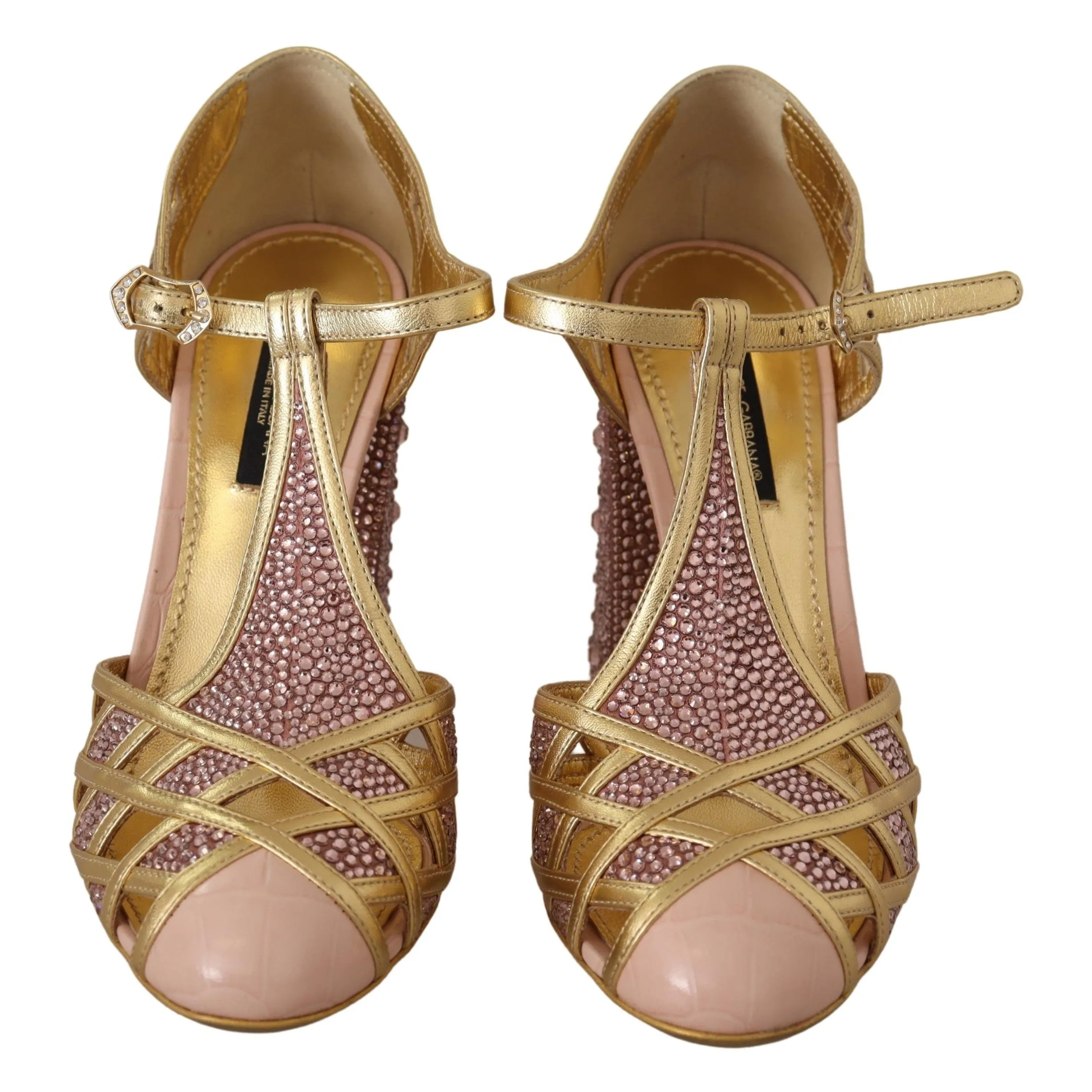 Dolce & Gabbana Silk-Infused Leather Crystal Pumps in Pink Gold