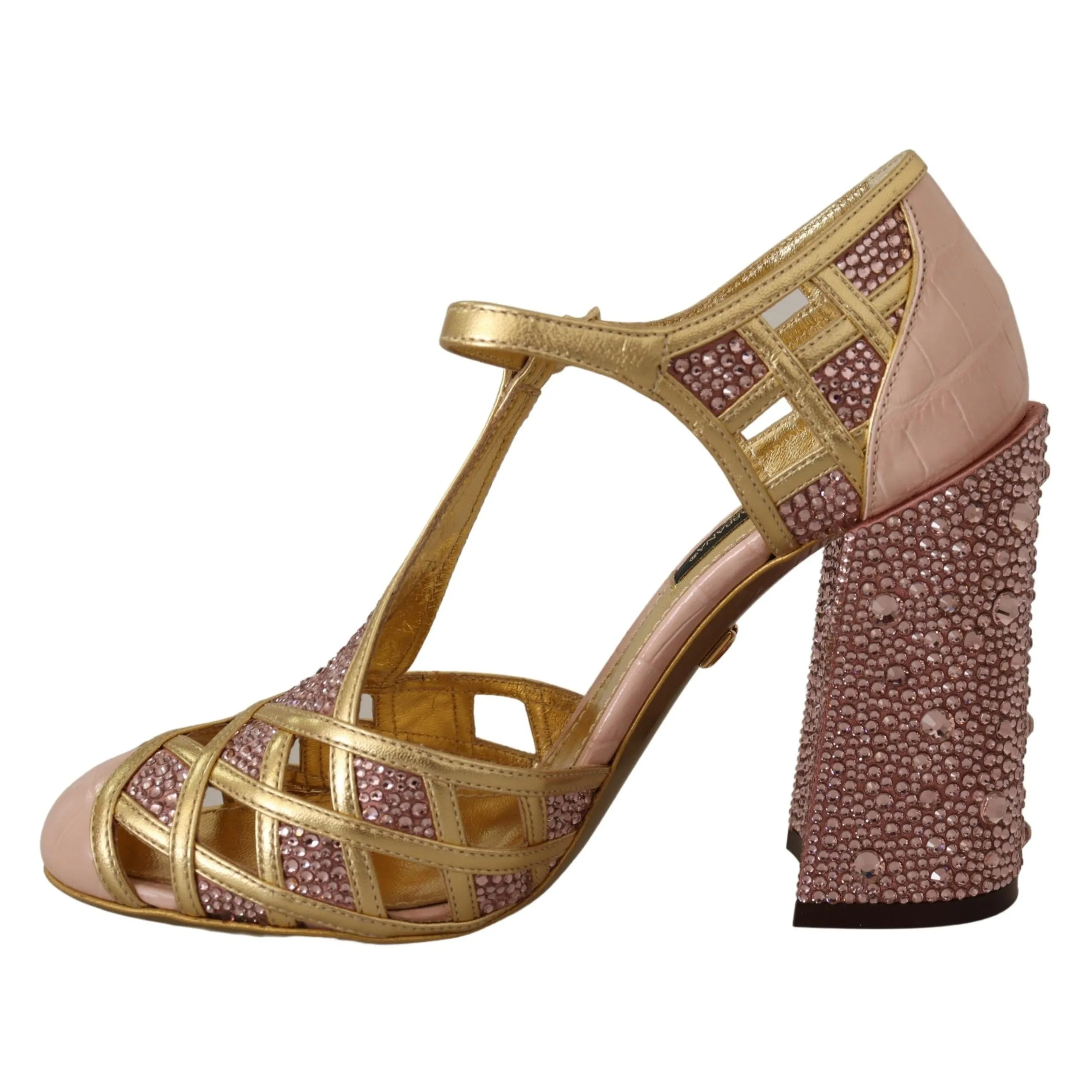 Dolce & Gabbana Silk-Infused Leather Crystal Pumps in Pink Gold