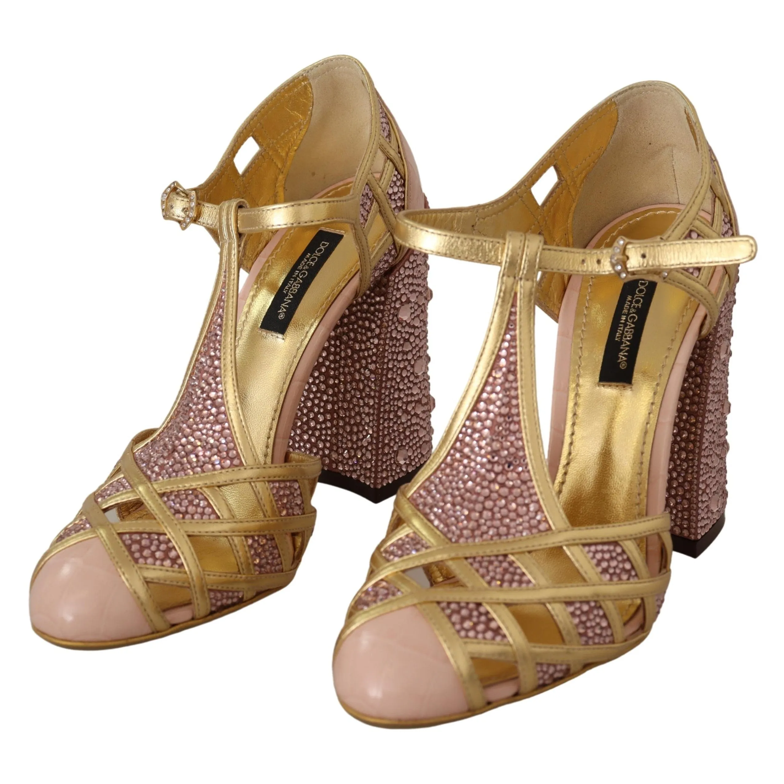 Dolce & Gabbana Silk-Infused Leather Crystal Pumps in Pink Gold