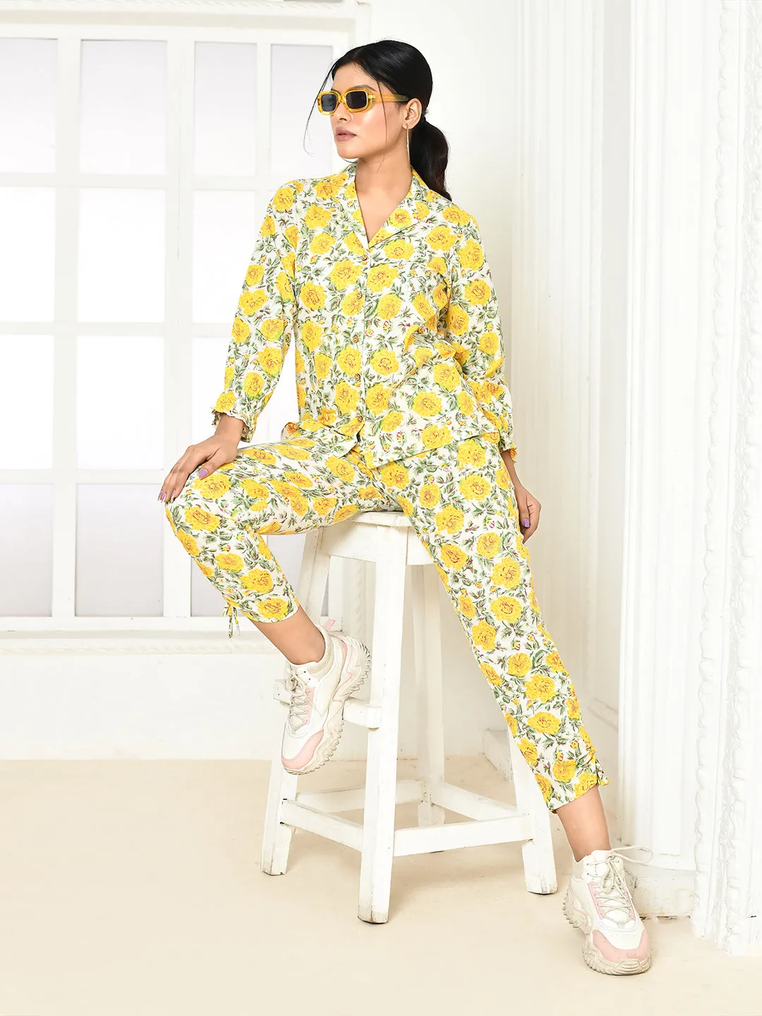 Elaura Cotton Hand-Printed Lapel Collared Co-Ord Set