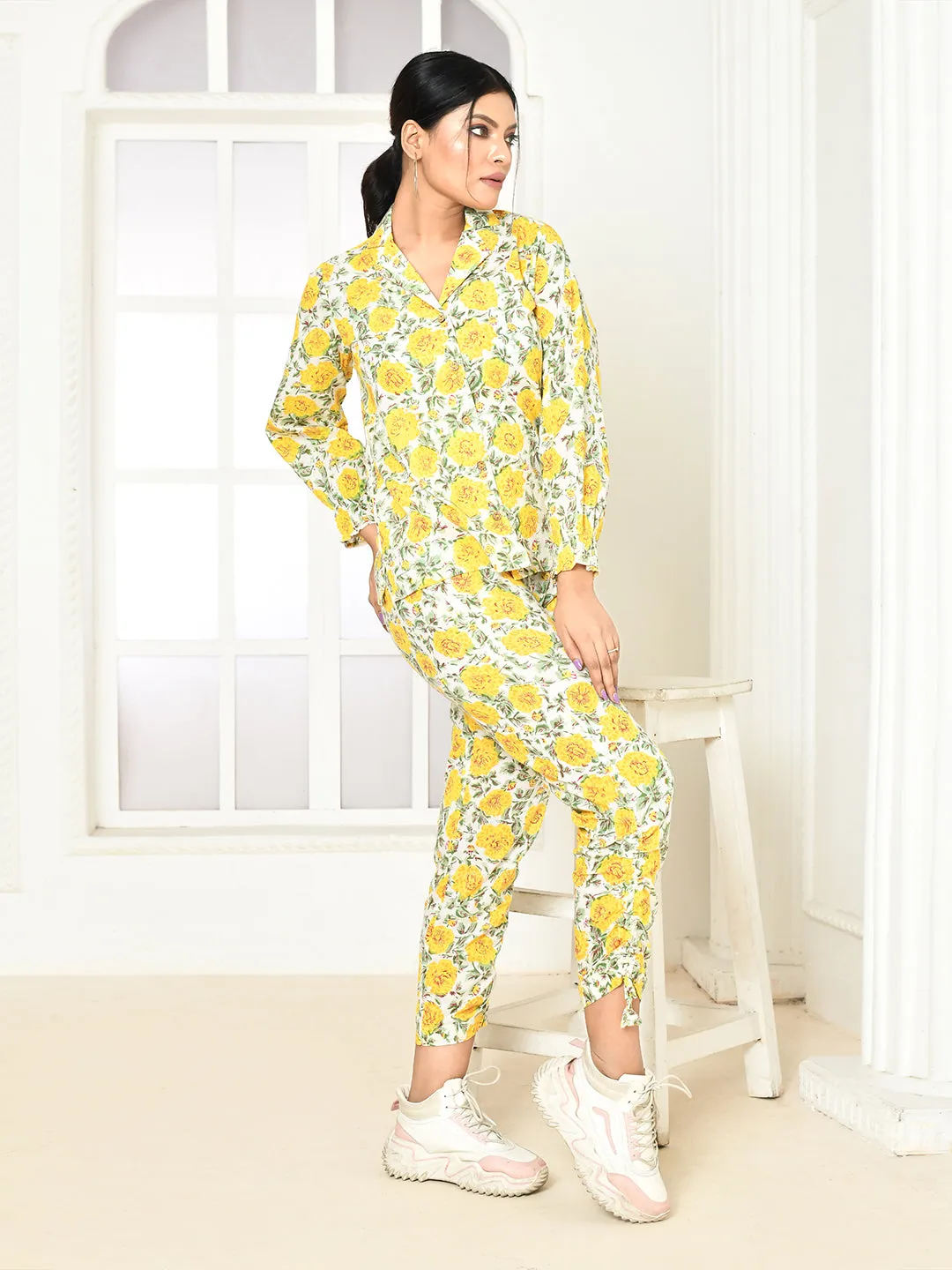 Elaura Cotton Hand-Printed Lapel Collared Co-Ord Set