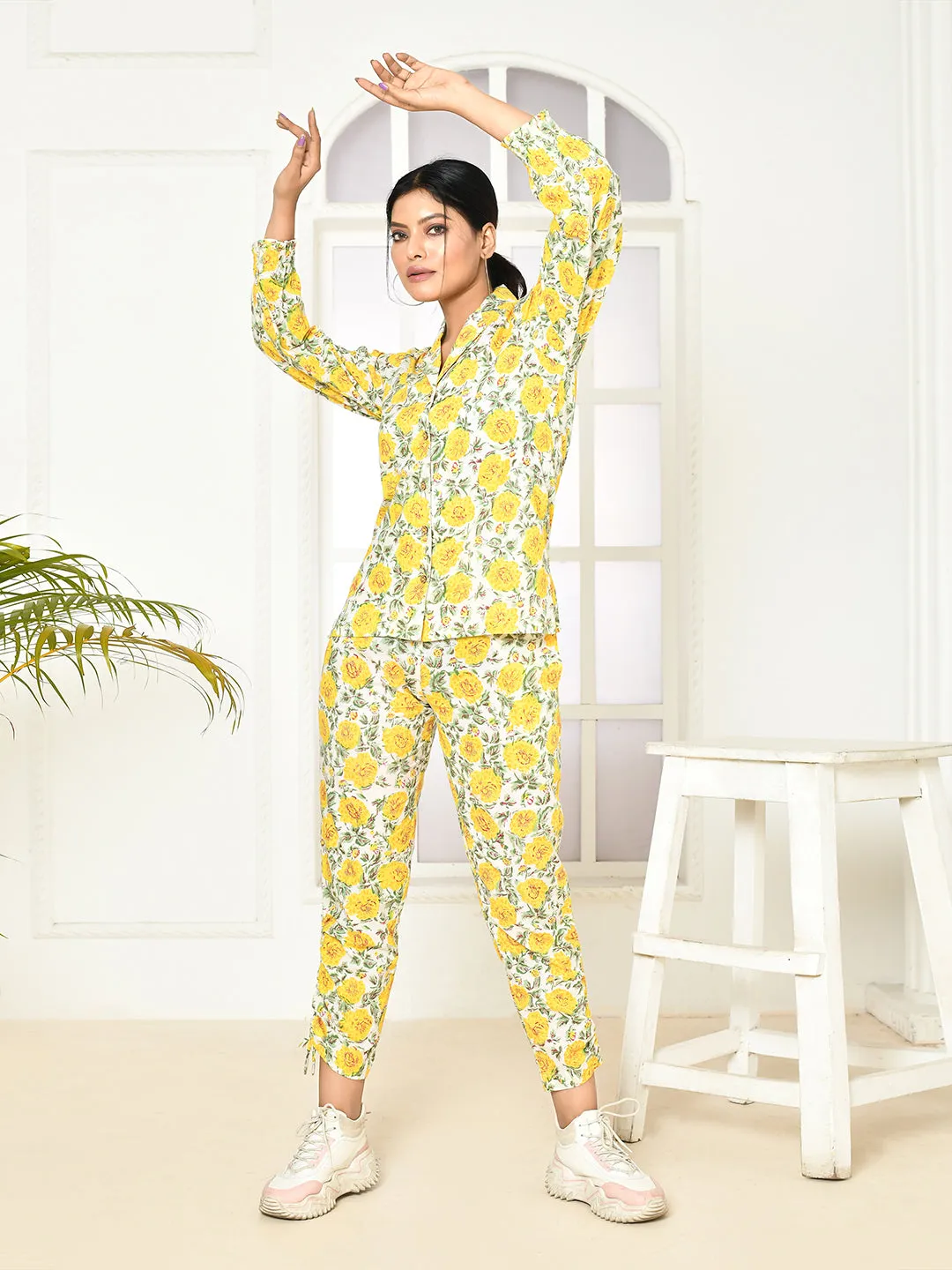 Elaura Cotton Hand-Printed Lapel Collared Co-Ord Set