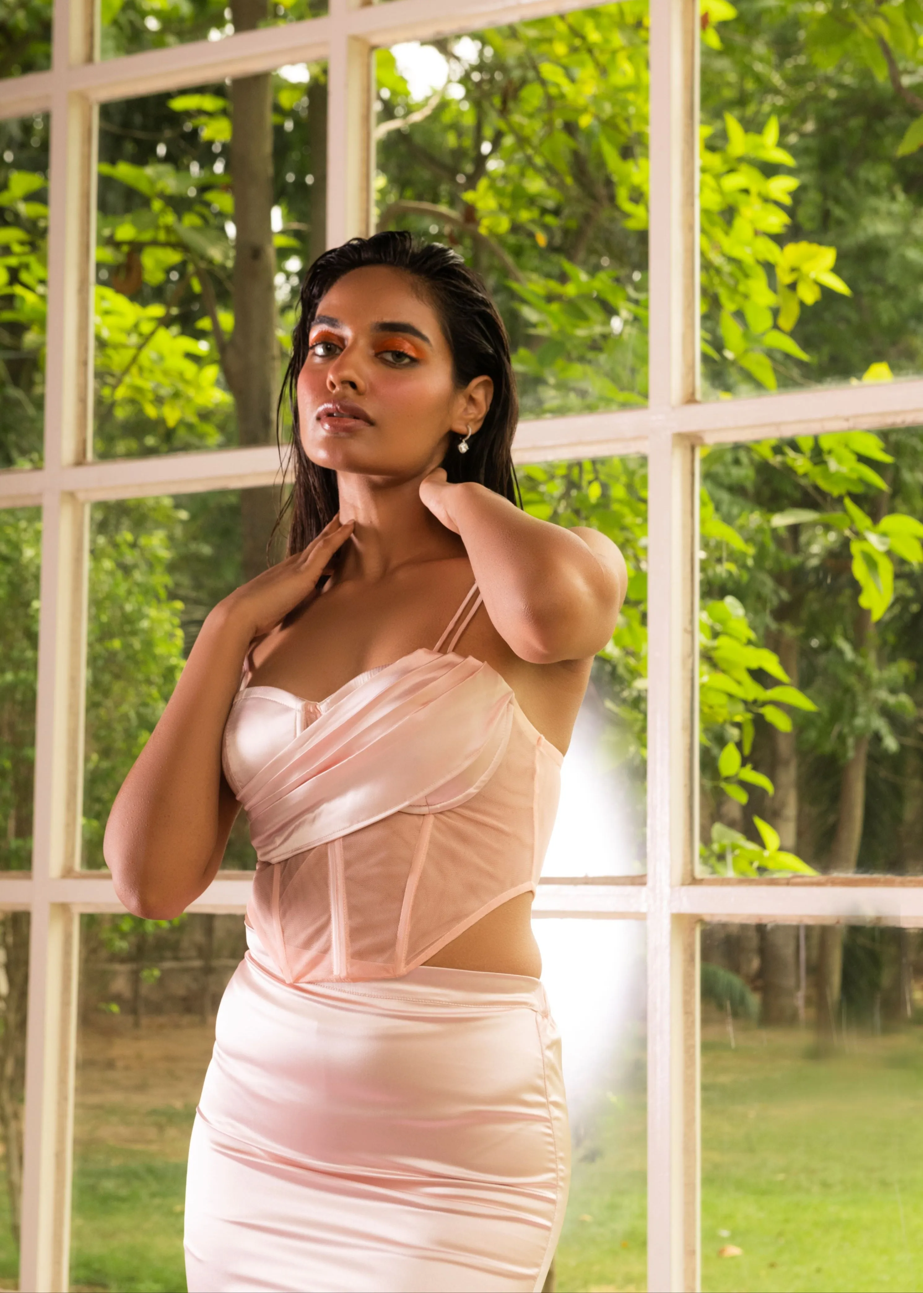 Gale Baby Pink Stretch Satin Corset Coord Set