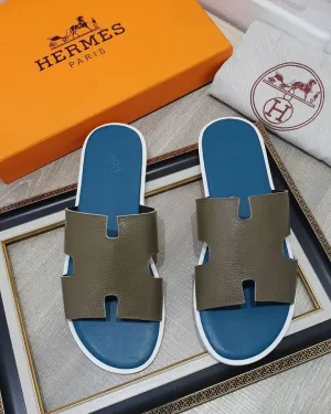 Hermes Paris Blue Green Leather Slippers