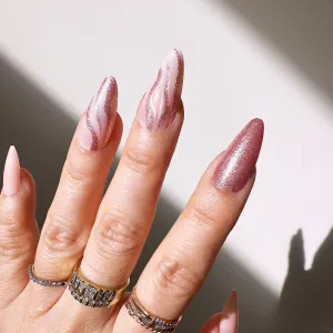 Instant Glam- Peony Cascade, Almond Pink Marble Press On Nail Set