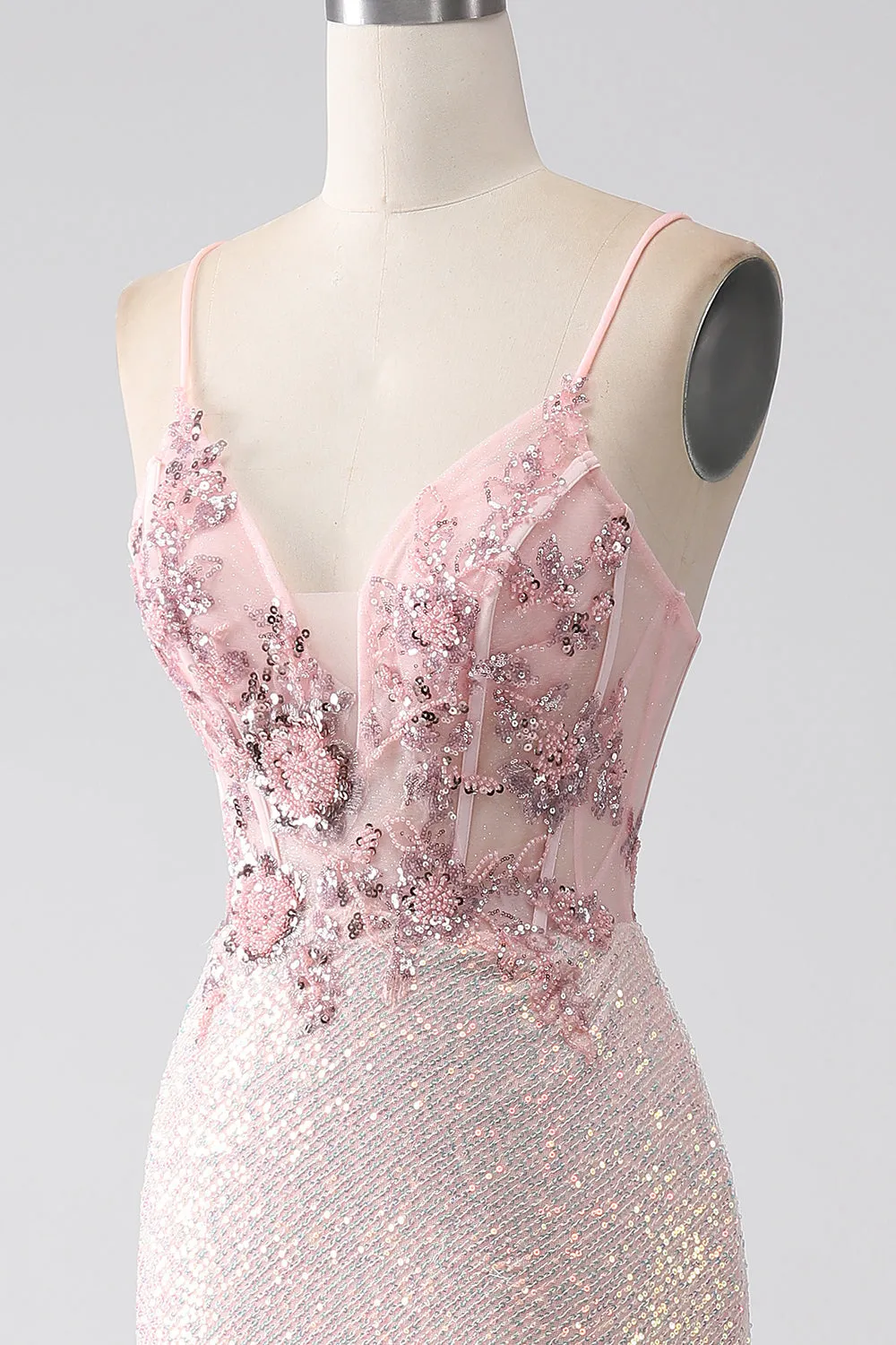 Luolandi Glitter Pink Mermaid Spaghetti Straps Beaded Prom Dress with Slit Sexy Evening Dresses