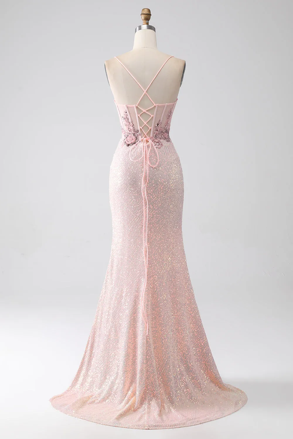 Luolandi Glitter Pink Mermaid Spaghetti Straps Beaded Prom Dress with Slit Sexy Evening Dresses