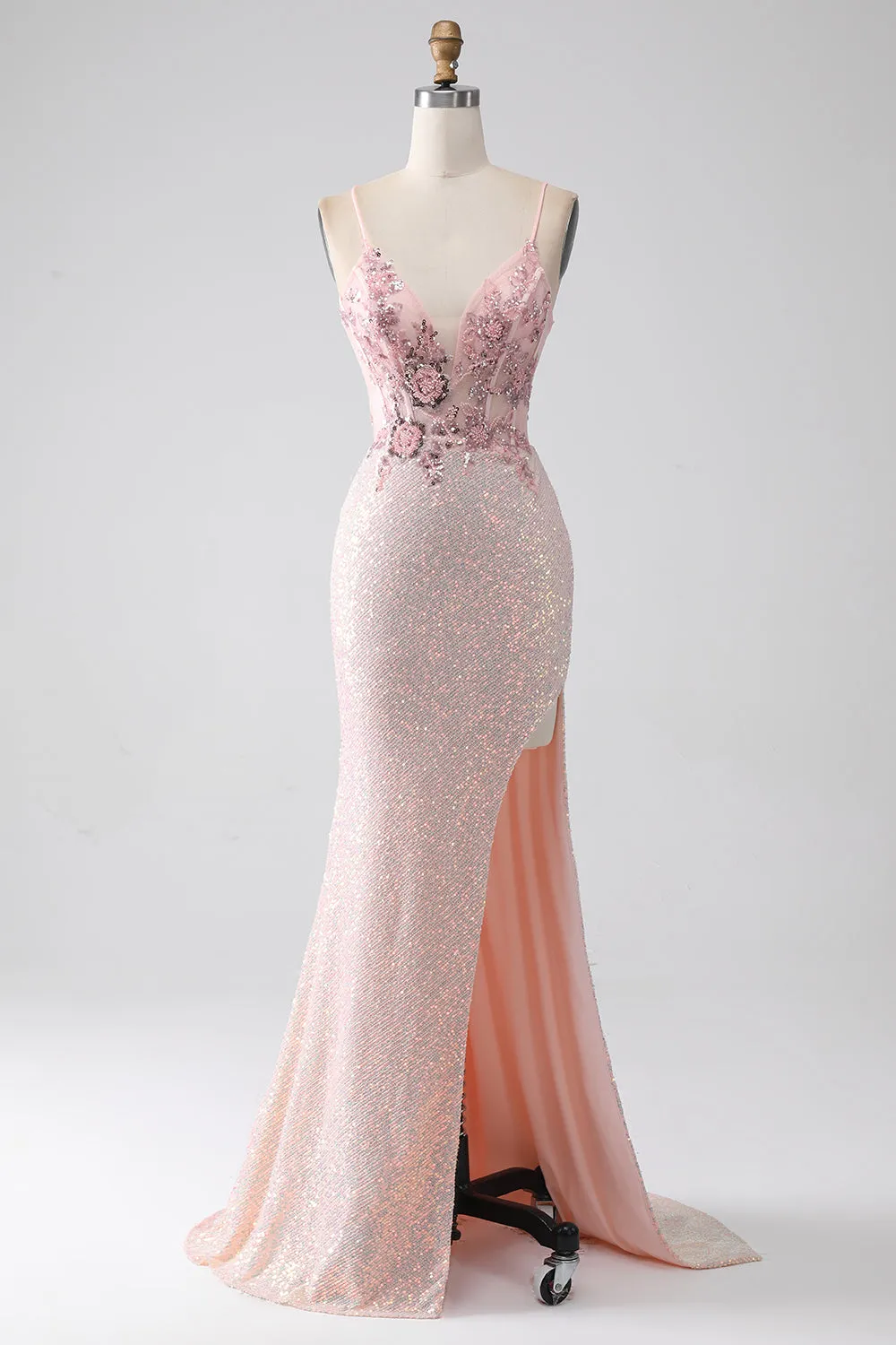 Luolandi Glitter Pink Mermaid Spaghetti Straps Beaded Prom Dress with Slit Sexy Evening Dresses