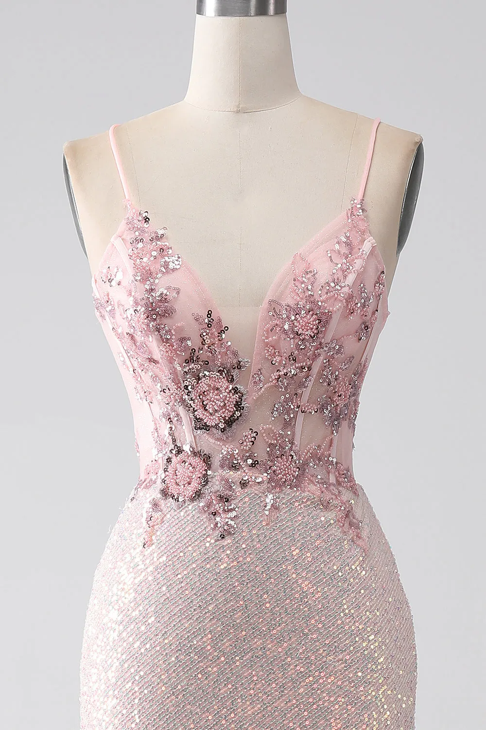 Luolandi Glitter Pink Mermaid Spaghetti Straps Beaded Prom Dress with Slit Sexy Evening Dresses