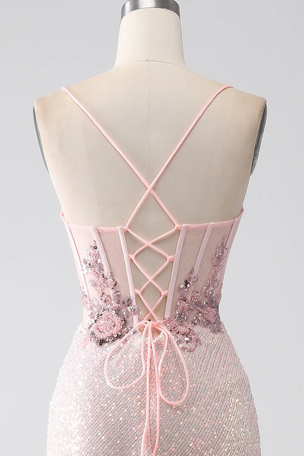 Luolandi Glitter Pink Mermaid Spaghetti Straps Beaded Prom Dress with Slit Sexy Evening Dresses