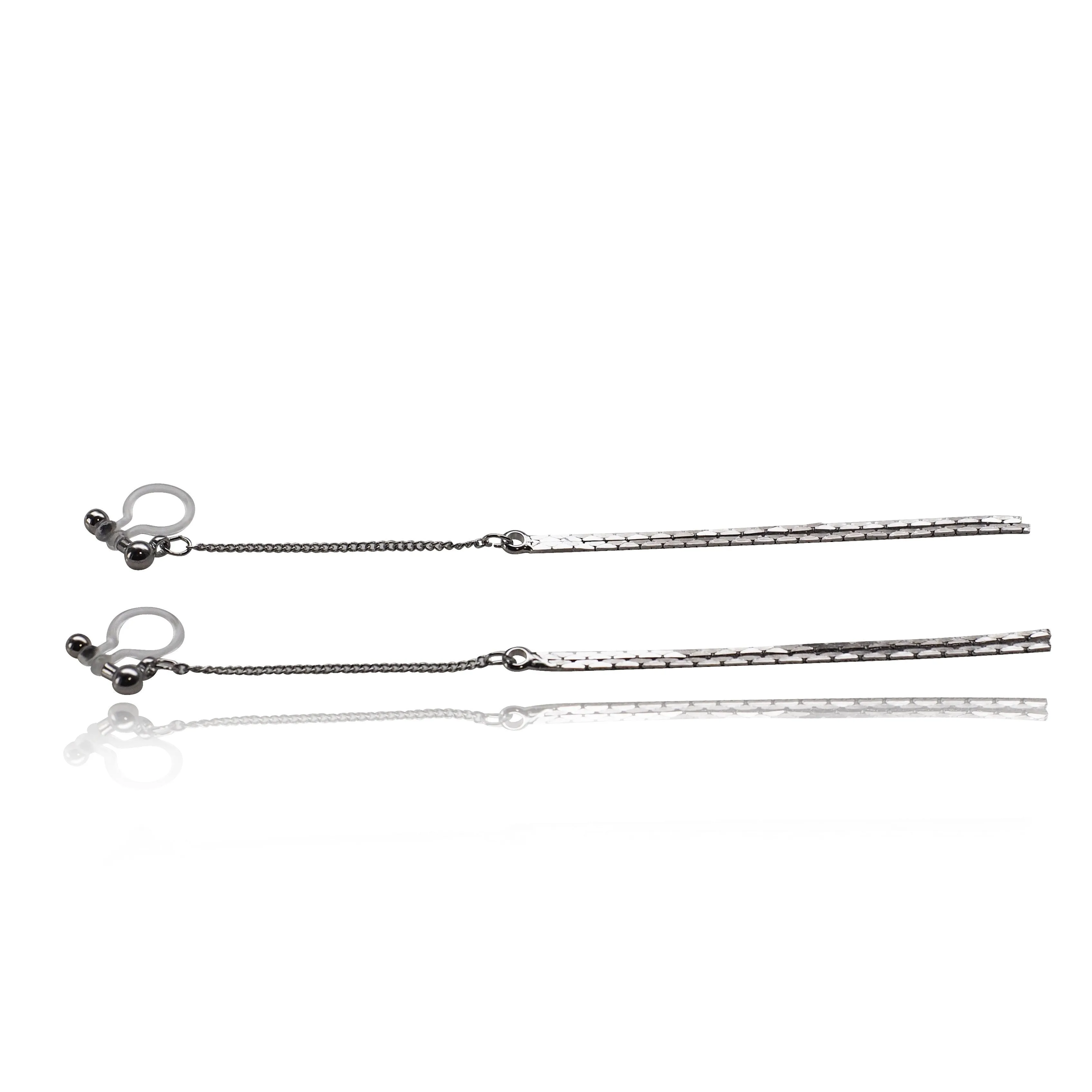 Metallic silver chain threader invisible clip on earrings