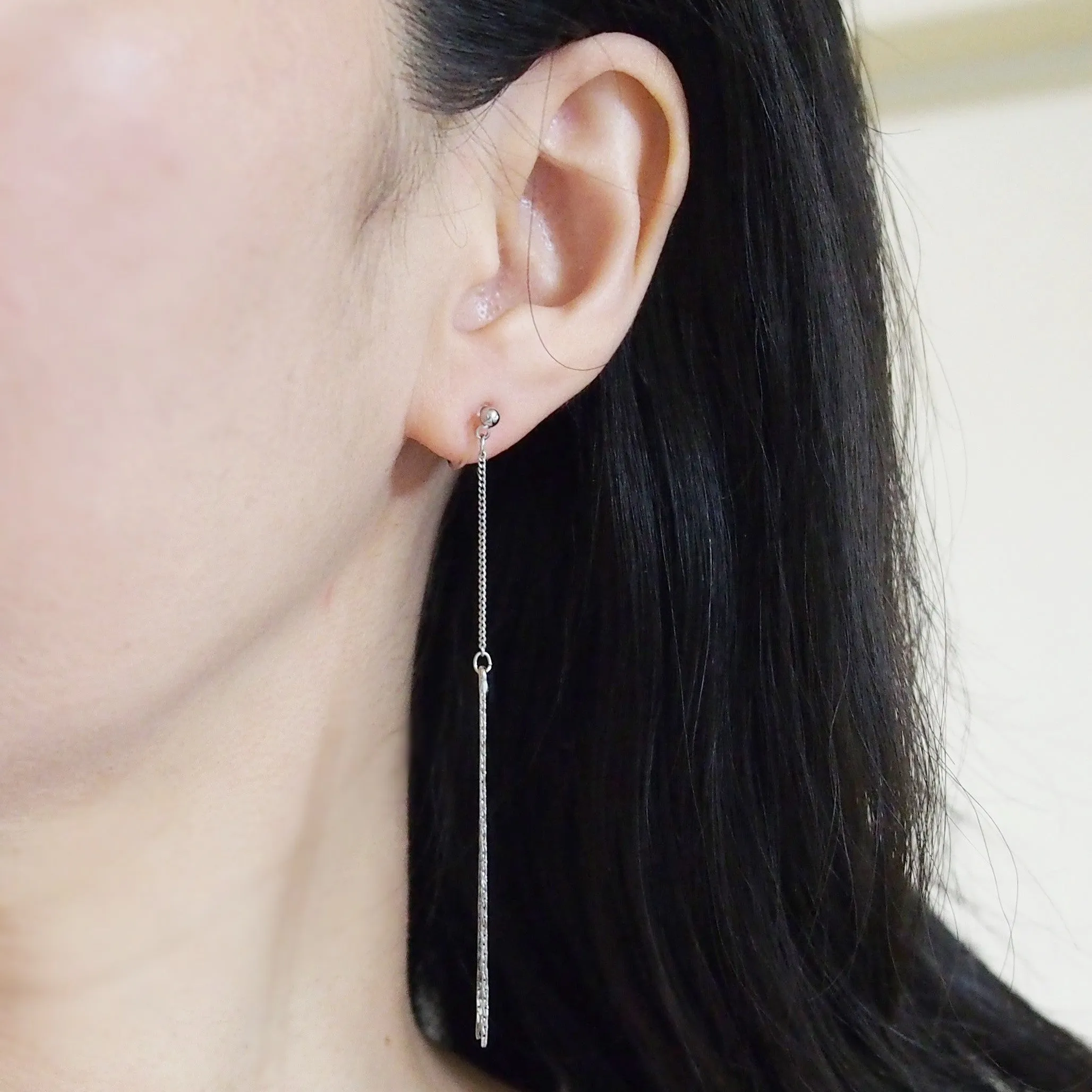 Metallic silver chain threader invisible clip on earrings