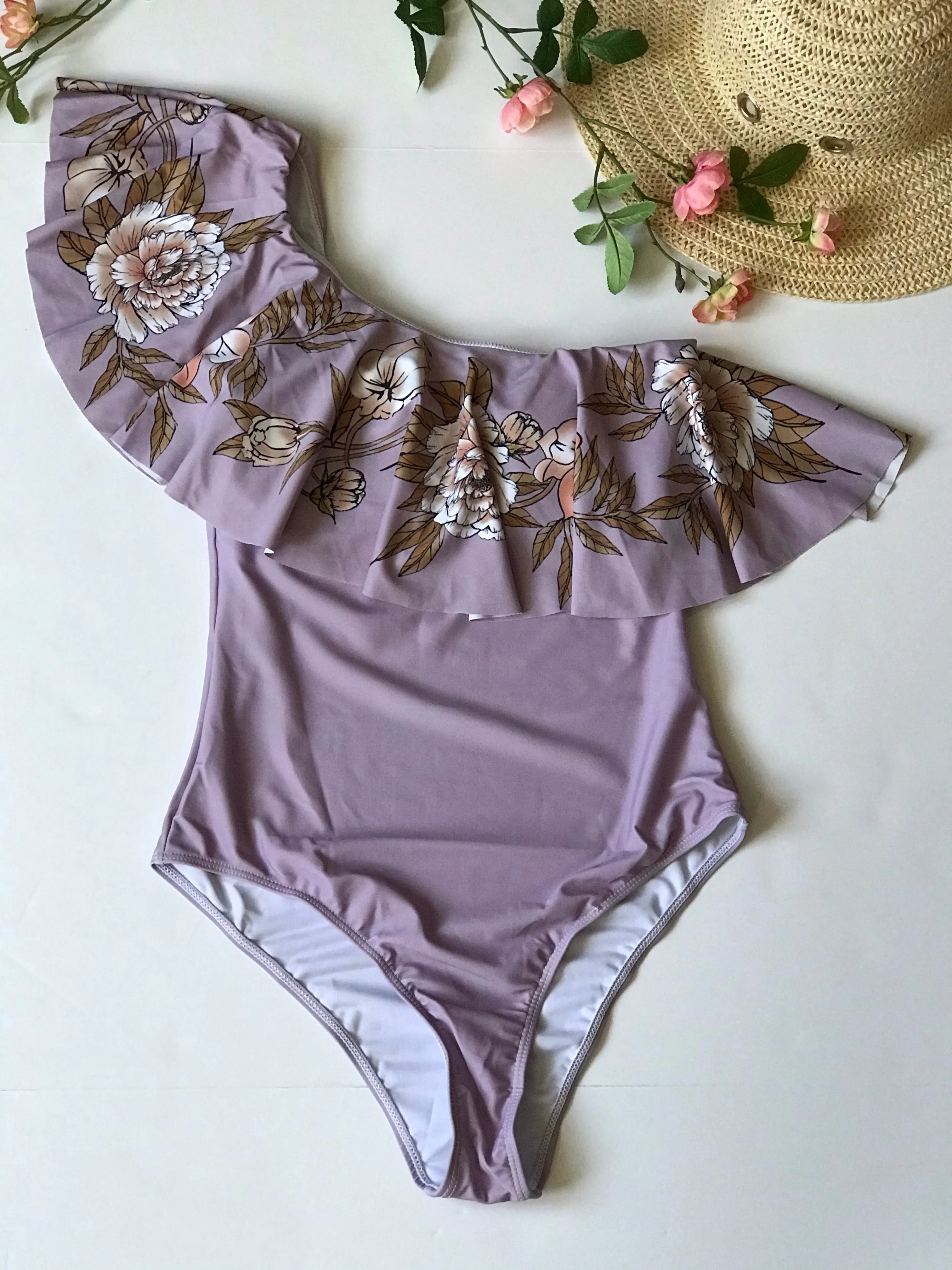 one piece off shoulder ruffled floral swimsuit