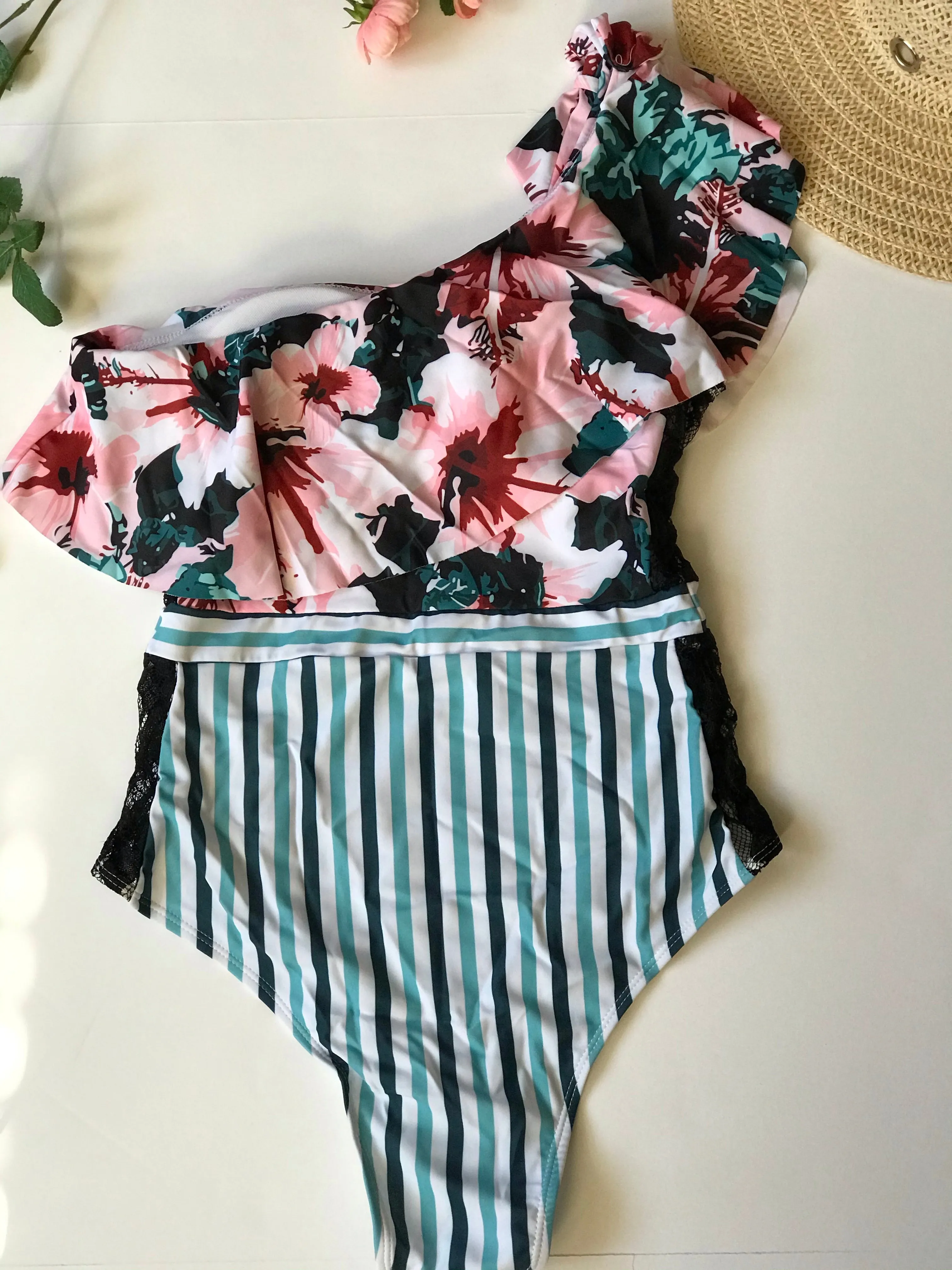 one piece off shoulder ruffled floral swimsuit