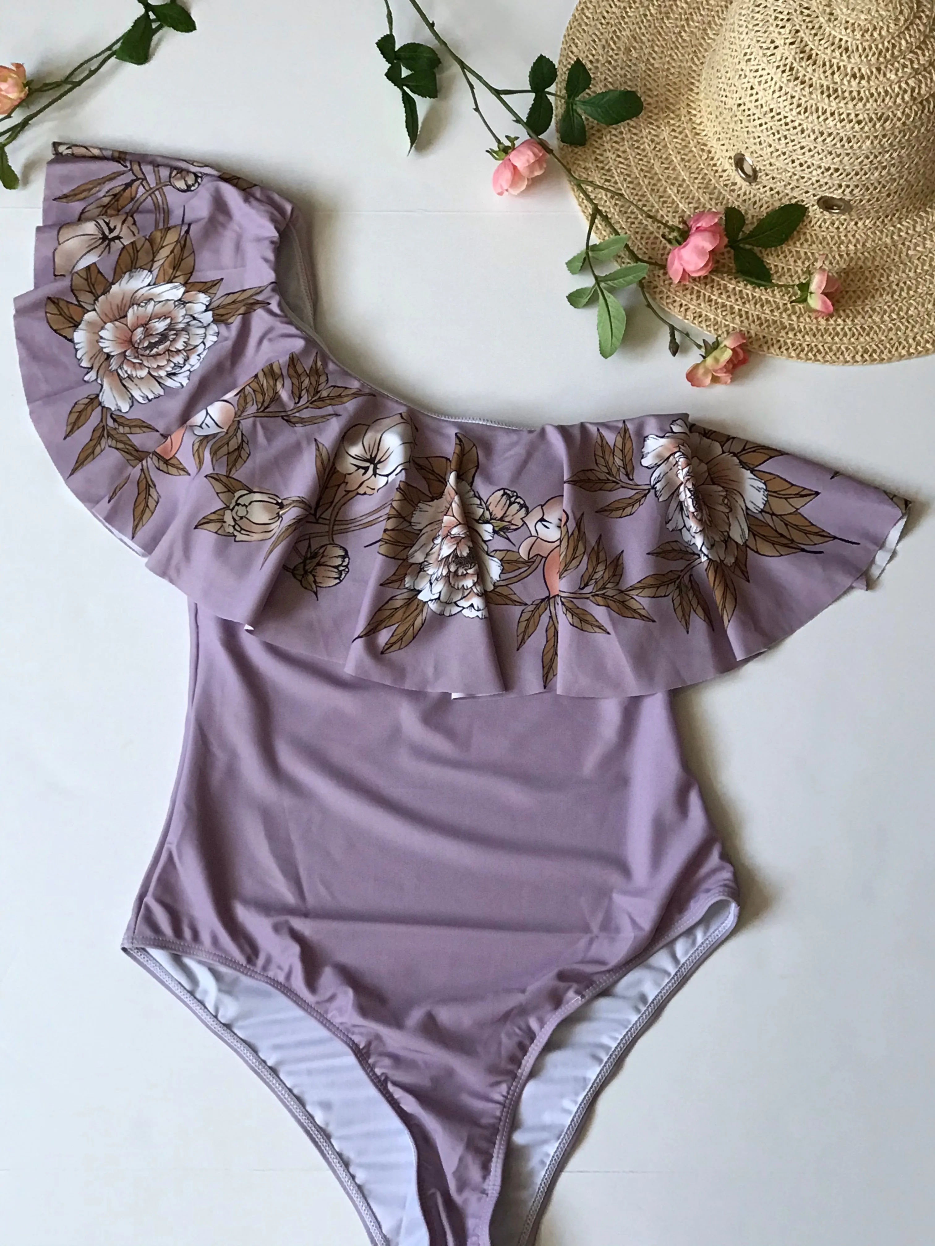one piece off shoulder ruffled floral swimsuit