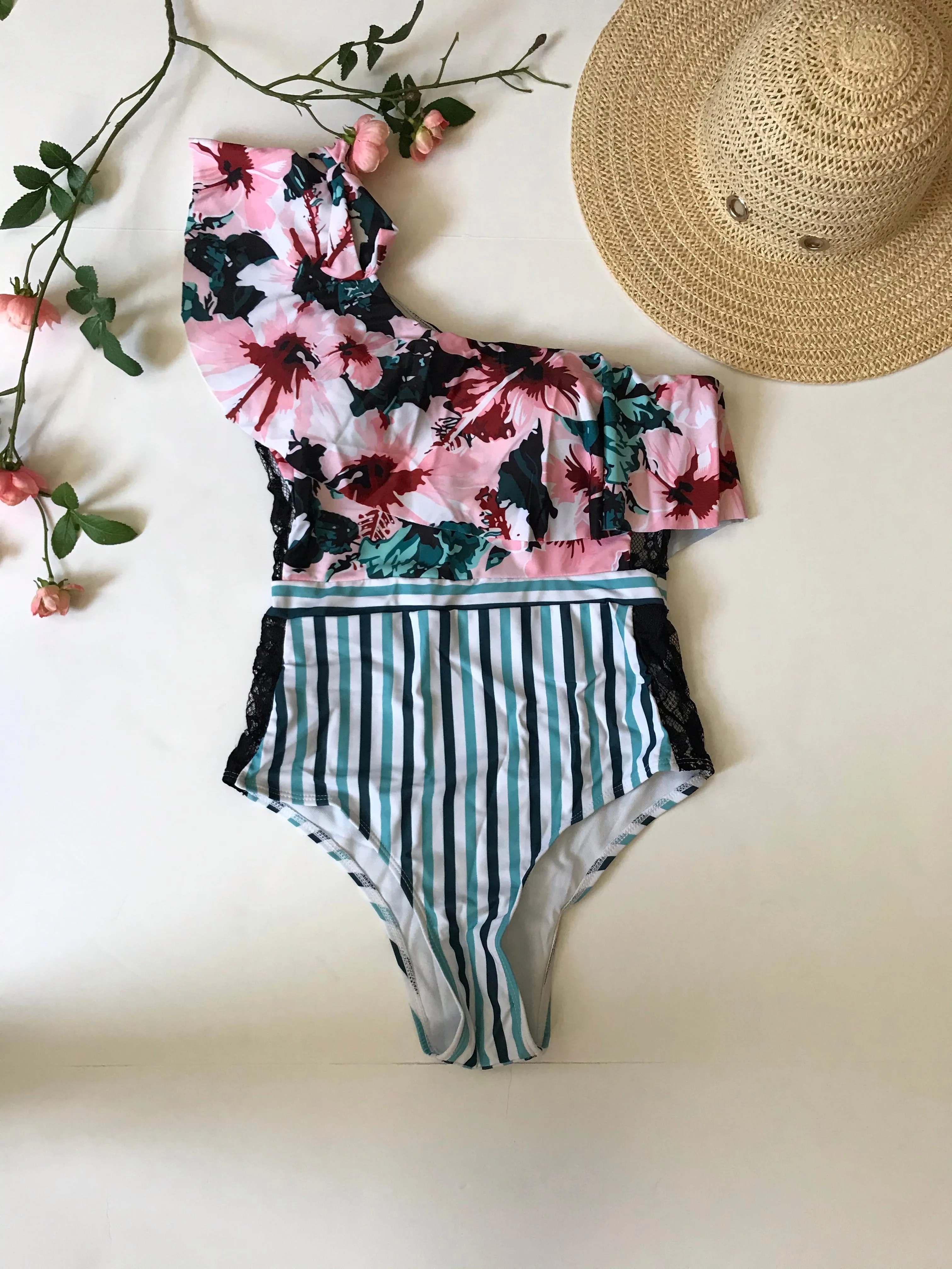 one piece off shoulder ruffled floral swimsuit
