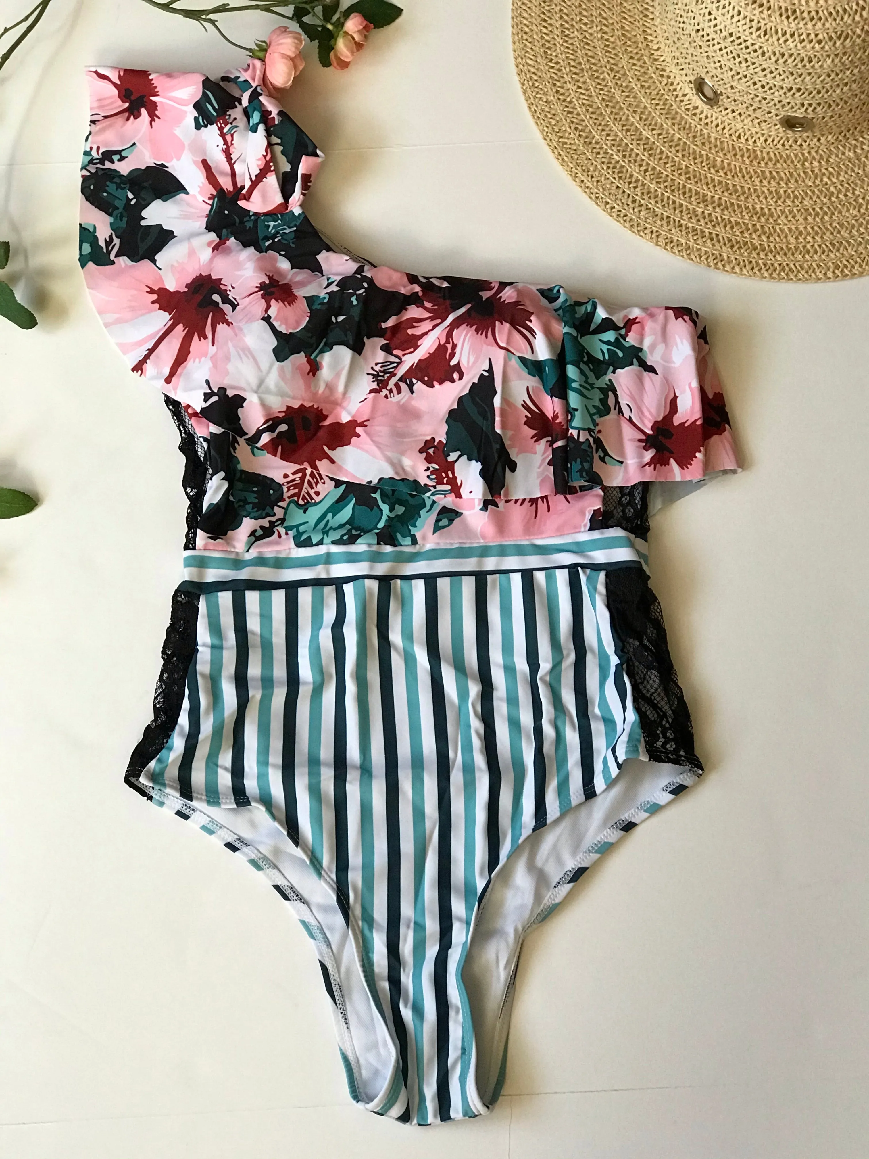 one piece off shoulder ruffled floral swimsuit