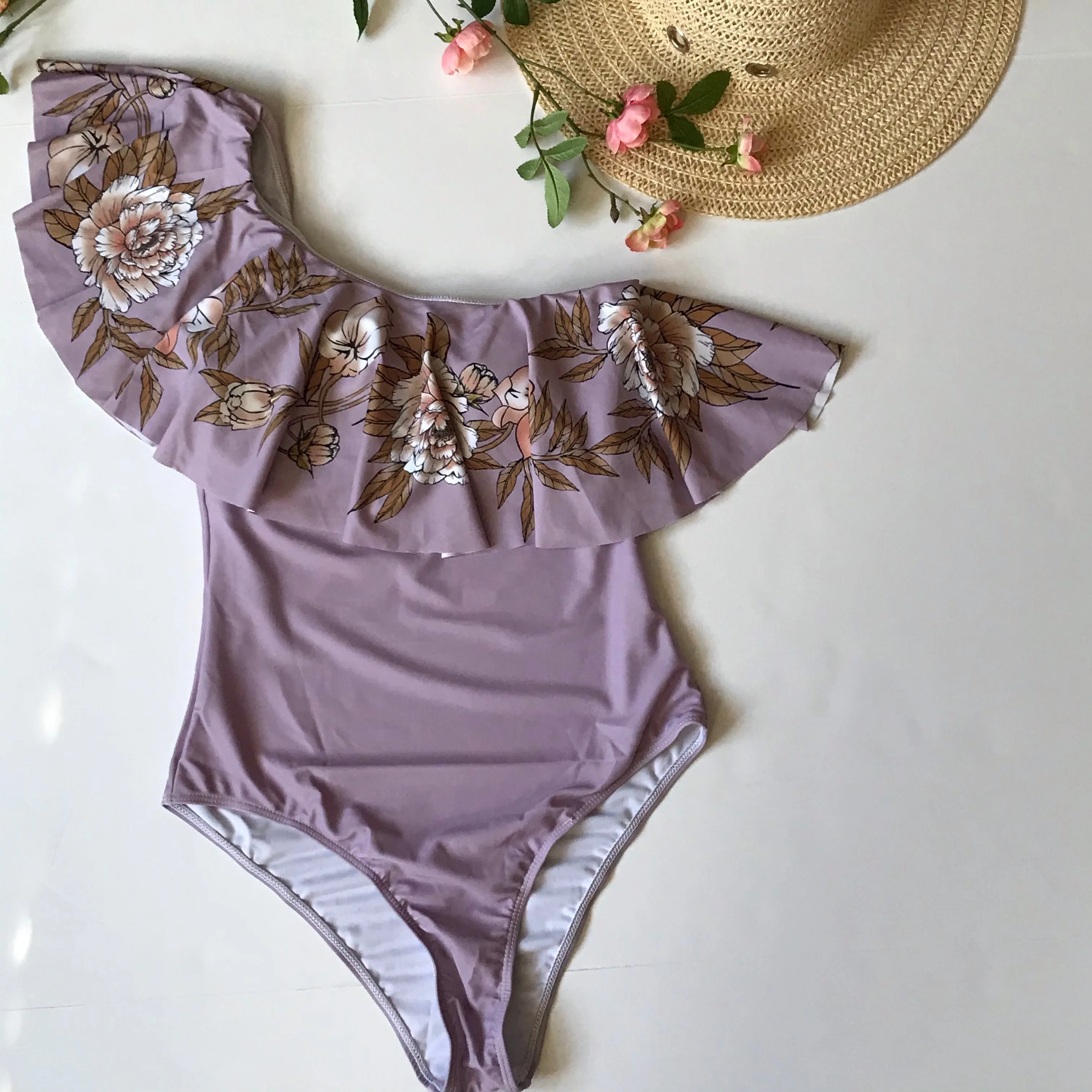 one piece off shoulder ruffled floral swimsuit