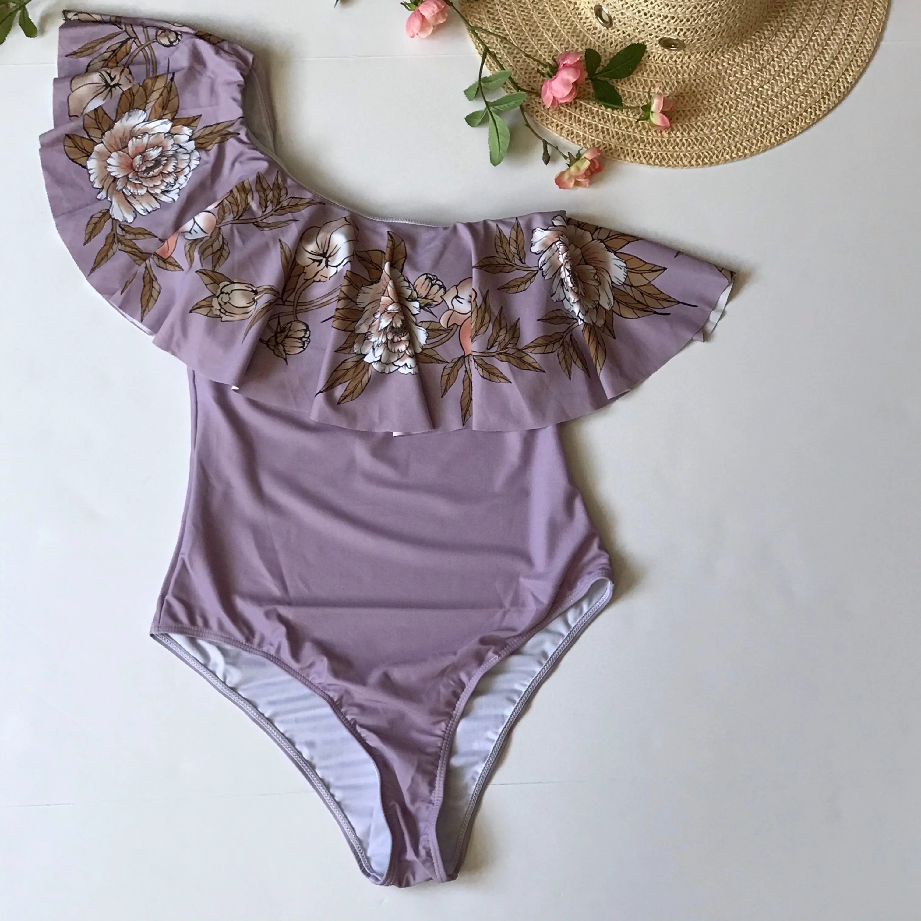 one piece off shoulder ruffled floral swimsuit