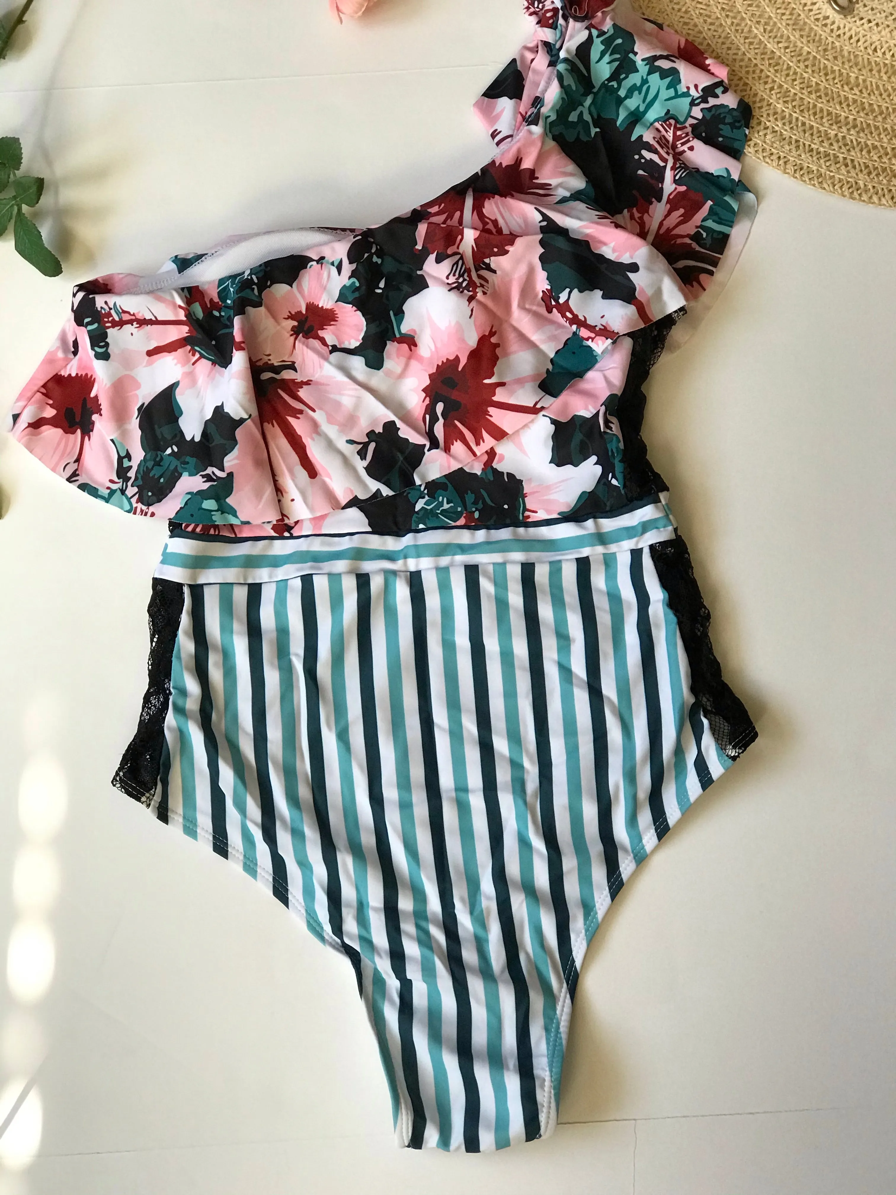 one piece off shoulder ruffled floral swimsuit