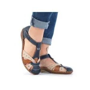 Rieker Blue Multi Strap Soft T-Bar Cut Out Shoe