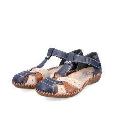 Rieker Blue Multi Strap Soft T-Bar Cut Out Shoe
