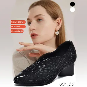 Slippers made of mesh with crystals and chunky heel