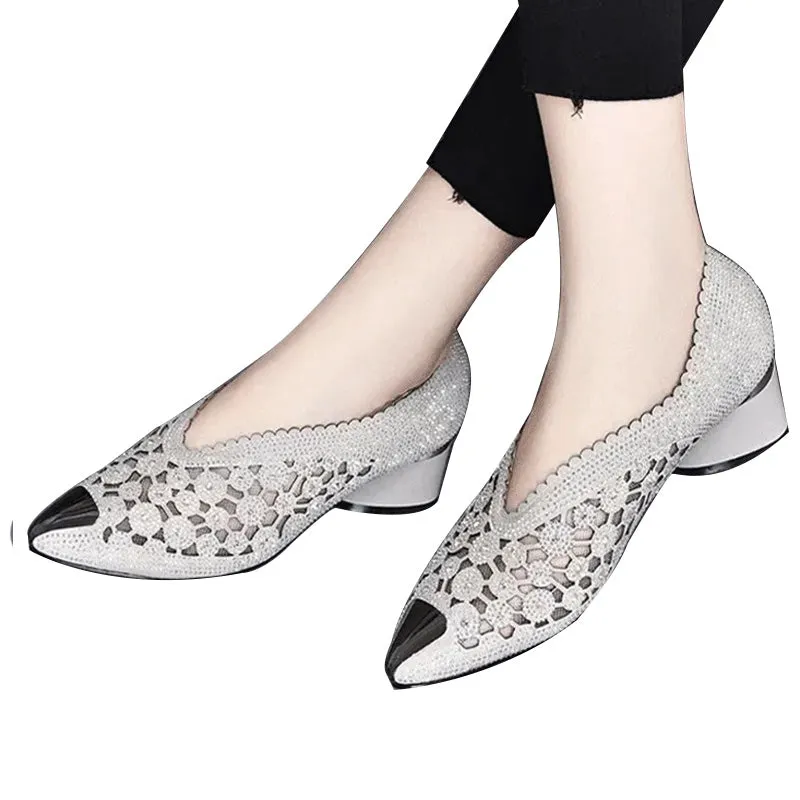 Slippers made of mesh with crystals and chunky heel