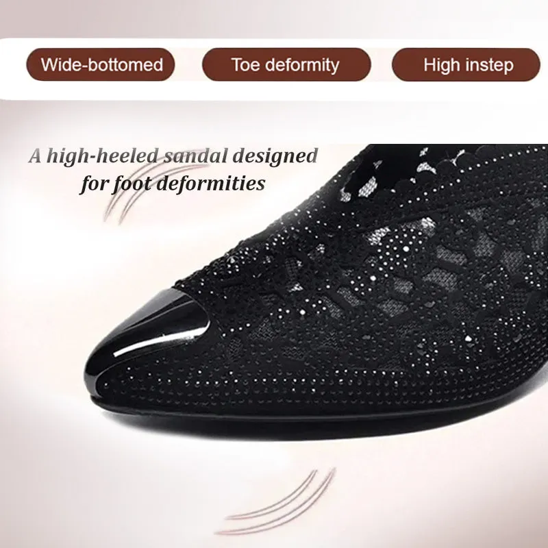 Slippers made of mesh with crystals and chunky heel