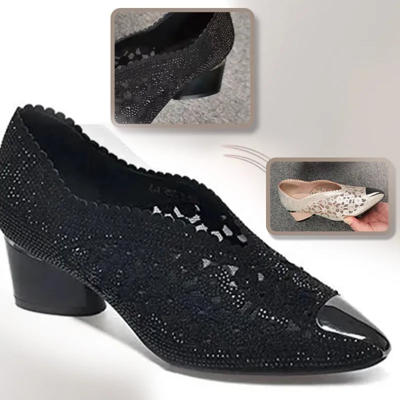 Slippers made of mesh with crystals and chunky heel