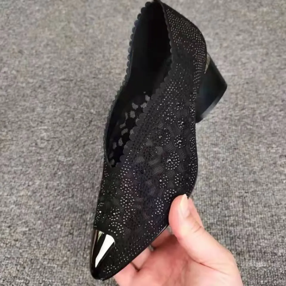 Slippers made of mesh with crystals and chunky heel