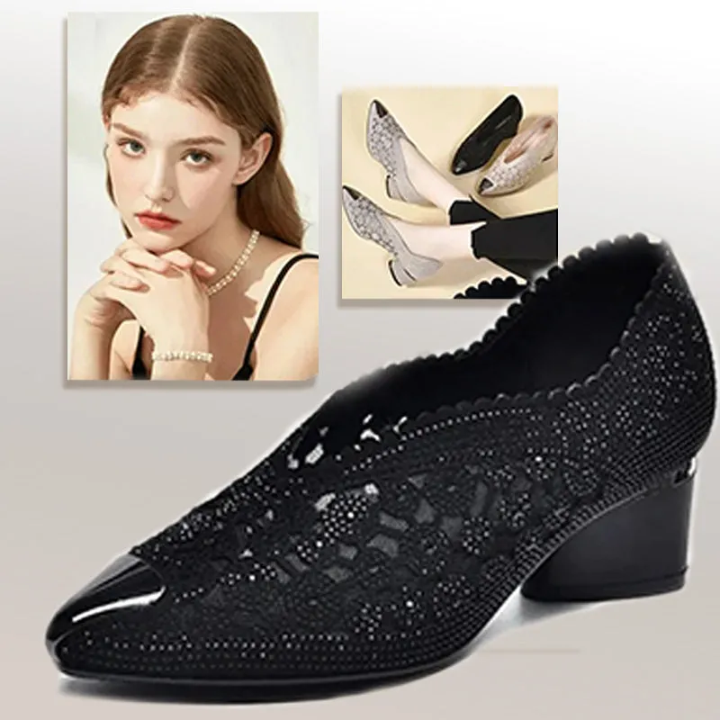 Slippers made of mesh with crystals and chunky heel