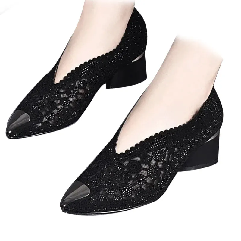Slippers made of mesh with crystals and chunky heel