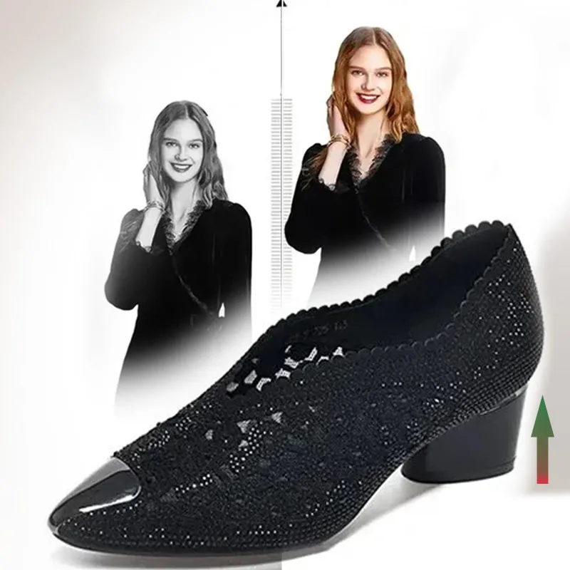 Slippers made of mesh with crystals and chunky heel