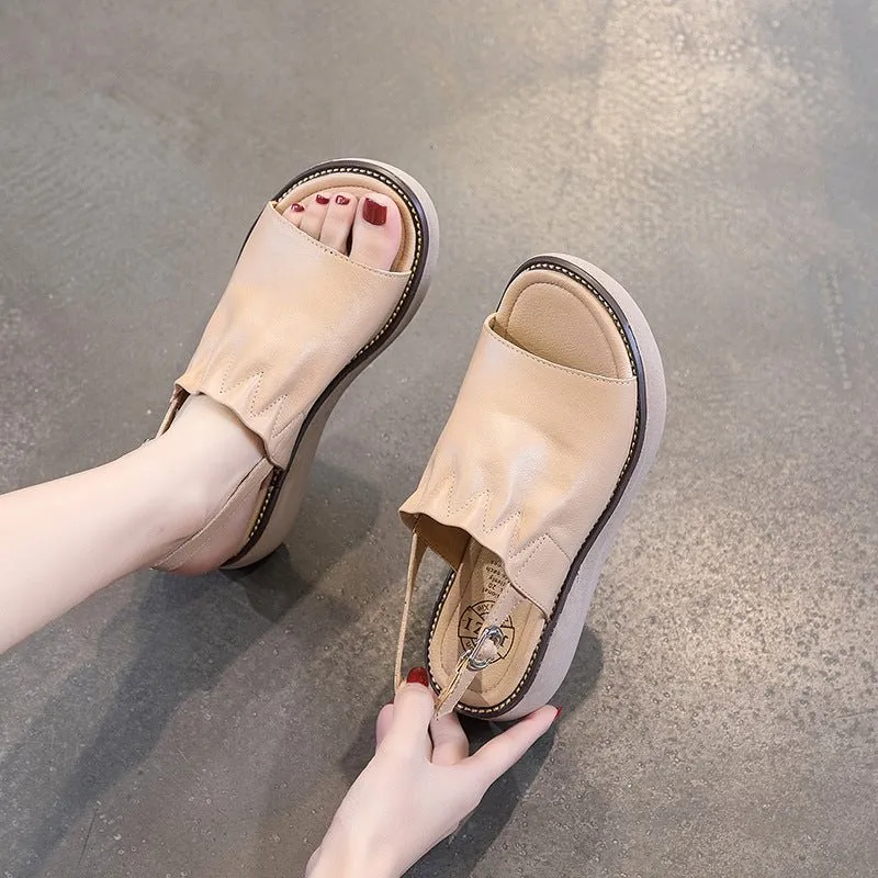 Soft Ruched Cowhide Platform Summer Comfort Sandals