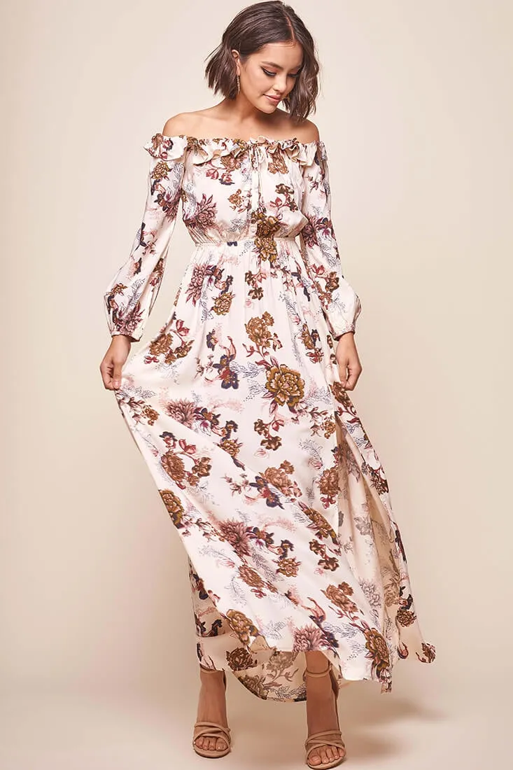 Tatiana Bardot Frill Neckline Maxi Dress Mocha