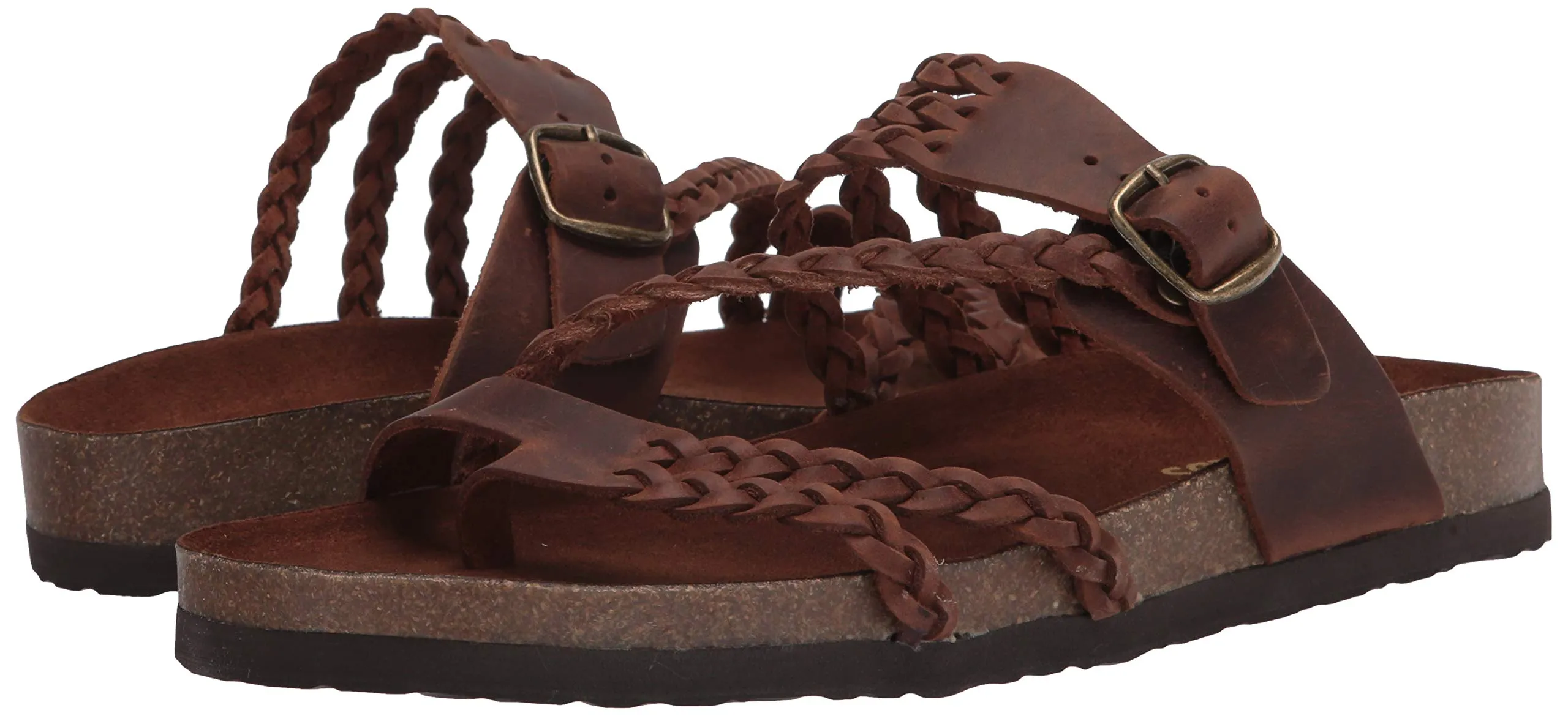 White Mountain Hayleigh Brown Leather Flats Casual Slip On Footbeds Sandals
