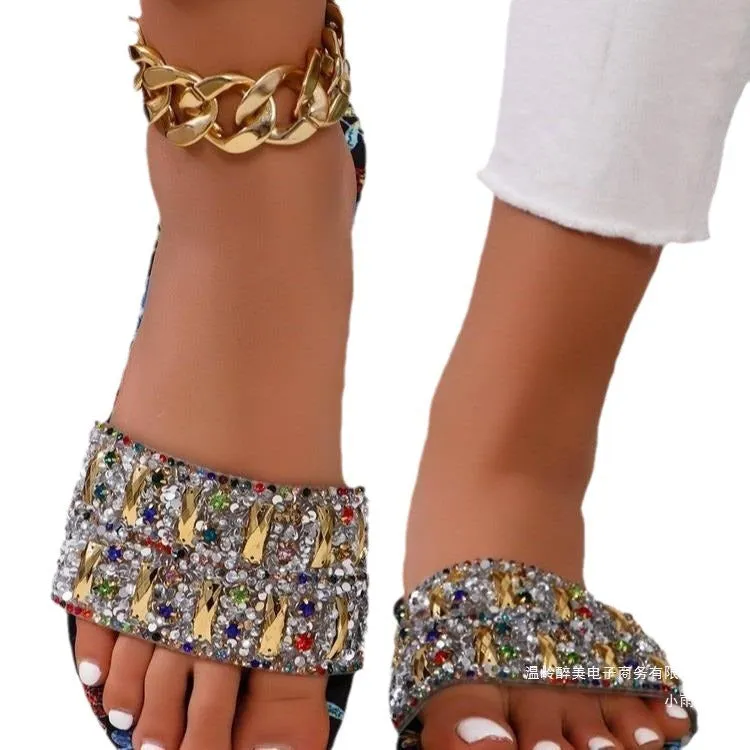 Wholesale  plus size flat-bottomed rhinestone slippers women wear graffiti flowers wear sandals and slippers